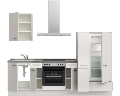 Cuisine équipée avec évier, cuisinière, four, hotte aspirante, armoire suspendue et réfrigérateur