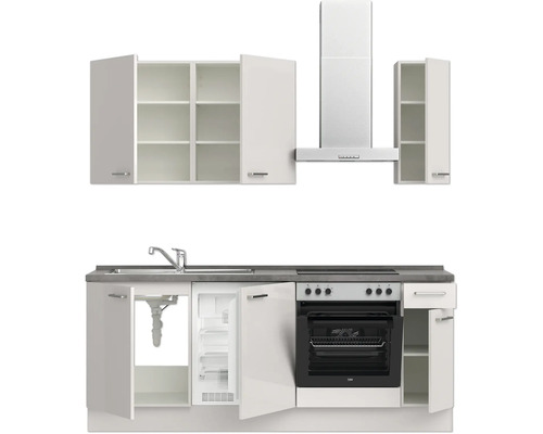 Küchenzeile mit Spüle, Herd, Backofen, Kühlschrank, Dunstabzugshaube und Hängeschränken