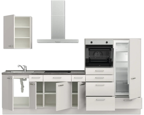 Komplette Küchenzeile mit Spüle, Kochfeld, Dunstabzugshaube, Backofen und Kühlschrank