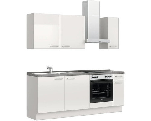 Küchenzeile mit Spüle, Herd, Backofen, Dunstabzugshaube und Hängeschränken