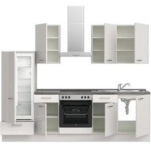 Cuisine équipée avec appareils électriques, comprenant réfrigérateur, cuisinière, évier et hotte aspirante