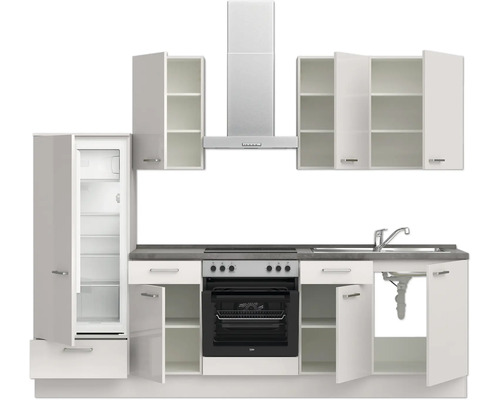 Cuisine équipée avec appareils électriques, comprenant réfrigérateur, cuisinière, évier et hotte aspirante