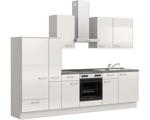 Moderne Einbauküche mit weißen Schränken, Dunstabzugshaube, Spüle und Elektroherd