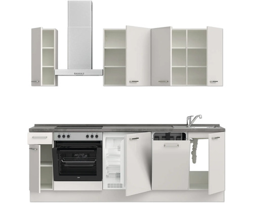 Komplette Küchenzeile mit Spüle, Herd, Backofen, Kühlschrank, Dunstabzugshaube und Hängeschränken