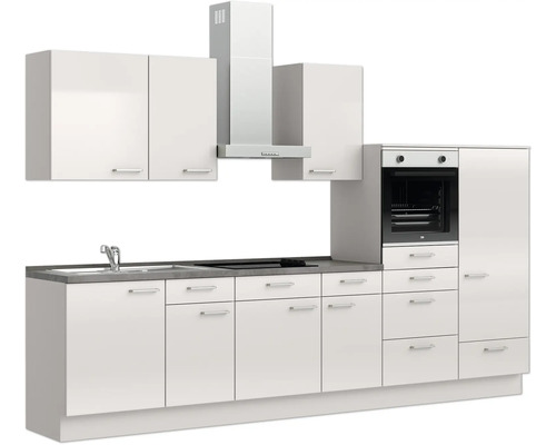 Komplette Küchenzeile mit Spüle, Kochfeld, Backofen, Dunstabzugshaube und Schränken