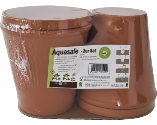 Aquasafe Blumentopf Zweierset aus Terrakotta mit Deckel und Insektentränke