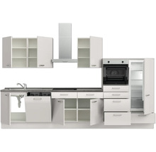 Komplette Küche mit Spüle, Geschirrspüler, Kochfeld, Backofen, Dunstabzugshaube und Kühlschrank