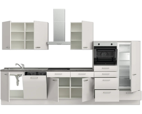 Cuisine complète avec évier, lave-vaisselle, plaque de cuisson, four, hotte aspirante et réfrigérateur