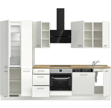 Cuisine équipée avec appareils électriques et armoires blanches