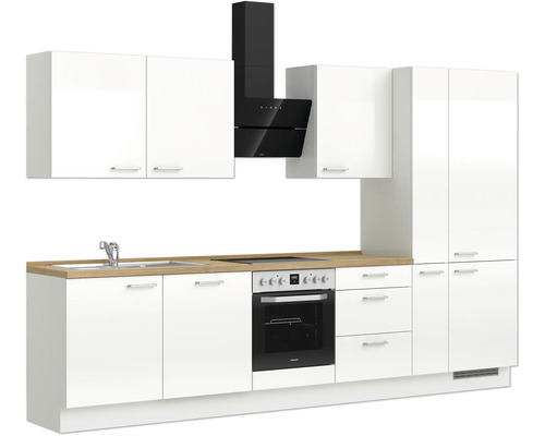 Cuisine intégrée moderne avec armoires blanches, évier, cuisinière et hotte noire