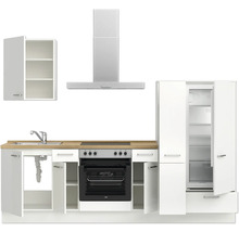 Cuisine équipée avec évier, cuisinière, four, hotte aspirante, réfrigérateur et armoire suspendue