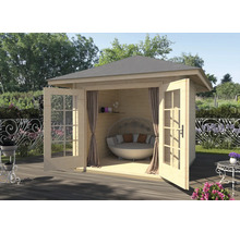 Abri de jardin avec double porte et coin salon rond à l''intérieur