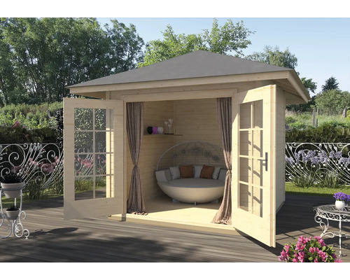 Abri de jardin weka 177 Taille 2 avec plancher 380 x 380 cm naturel Abri de jardin avec double porte et coin salon rond à l''intérieur
