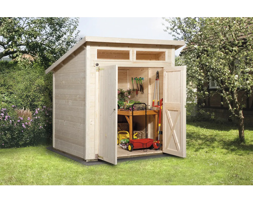 Gartenhaus weka 325 A inkl. Fußboden 222 x 237 cm natur Gartenhaus mit geöffneten Türen und Gartengeräten