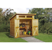 Abri de jardin en bois avec portes ouvertes et outils de jardin