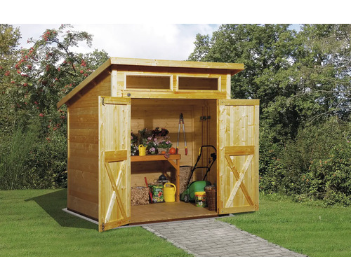 Gartenhaus weka 325 A inkl. Fußboden 222 x 237 cm lasiert Holzgartenhaus mit geöffneten Türen und Gartengeräten
