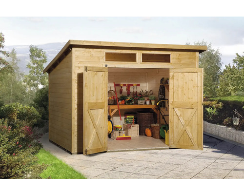 Gartenhaus weka 325 A Gr. 1 inkl. Fußboden 278 x 237 cm lasiert Offener Holz Geräteschuppen mit Gartengeräten und Zubehör