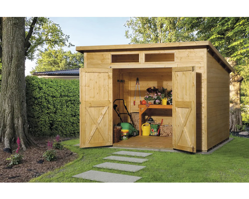 Gartenhaus weka 325 A Gr. 2 inkl. Fußboden 323 x 299 cm lasiert Gartenhaus mit geöffneten Doppeltüren, Rasenmäher und Gartengeräten