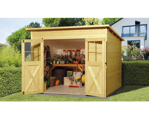 Gartenhaus weka 325 Gr. 3 inkl. Fußboden 278 x 243 cm lasiert Offener Holz Geräteschuppen mit Gartengeräten