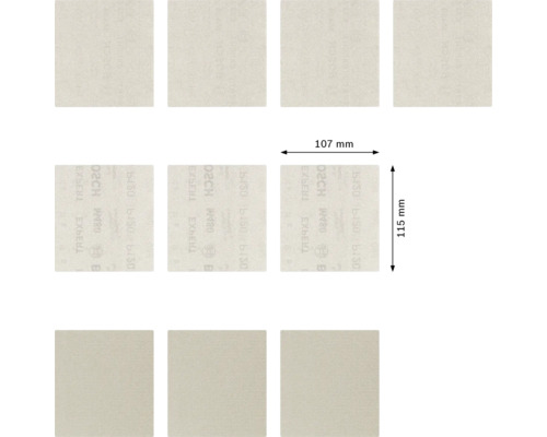 Elf Schleifblätter mit den Maßen 107 mm mal 115 mm.