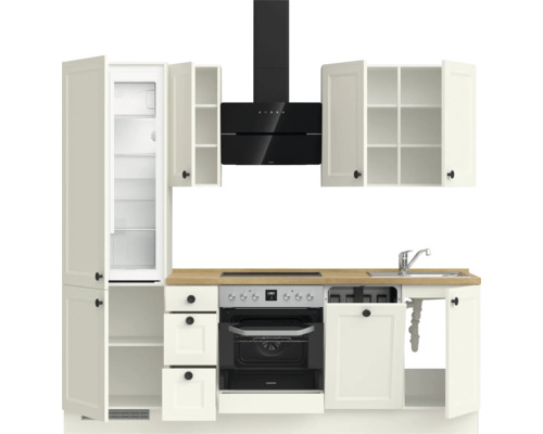 Küchenzeile mit Spüle, Herd, Dunstabzugshaube, Kühlschrank und Schränken