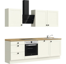Cuisine équipée avec éléments hauts, hotte aspirante, évier, plaque de cuisson et four