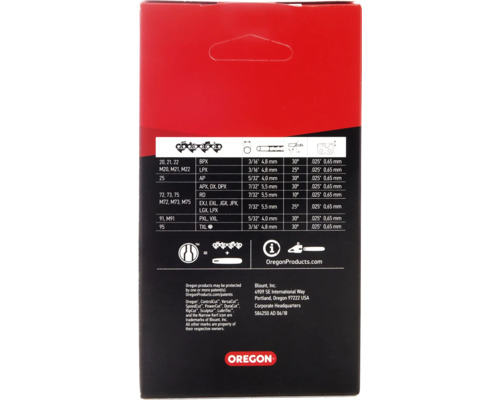 Tableau d''informations sur les accessoires pour tronçonneuses Oregon sur l''emballage.