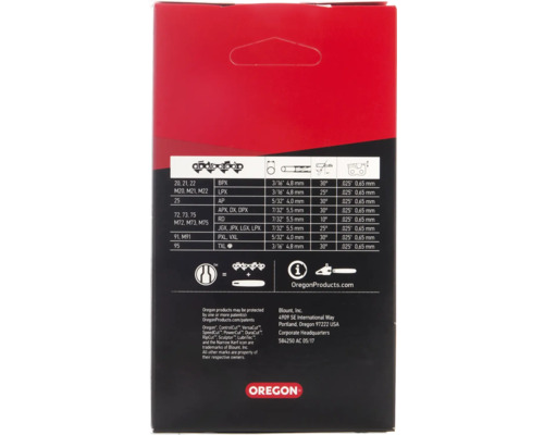 Dos de l''emballage d''une chaîne de tronçonneuse Oregon avec détails techniques et logo Oregon