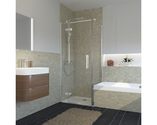 Paroi latérale raccourcie pour porte pivotante Breuer Avanta 80 cm verre transparent profilé couleur chrome Salle de bain lumineuse avec douche, lavabo et baignoire