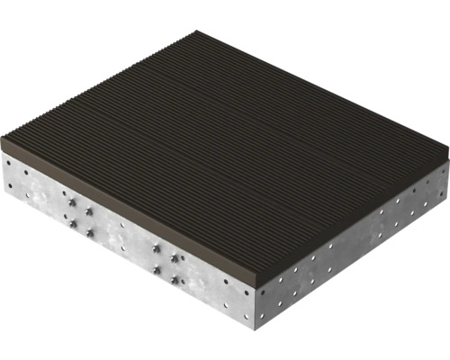 Palier Pertura pour escalier Tallis avec revêtement de marche Trimax marron foncé 100x88 cm Plaque de répartition de charge carrée avec surface rainurée et bordure en tôle perforée