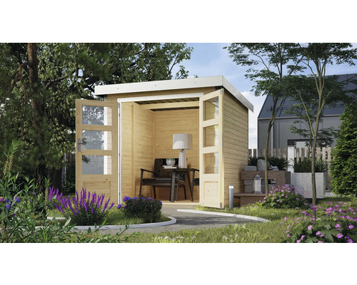 Gartenhaus Karibu Metalwood Blech weiß 228,4 x 236,5 cm natur Holzgartenhaus mit geöffneten Glastüren und Einrichtung im Garten