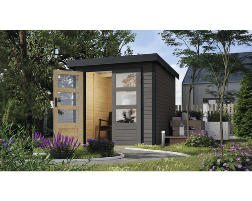 Gartenhaus mit zwei Glastüren und Holzverkleidung in einem Garten