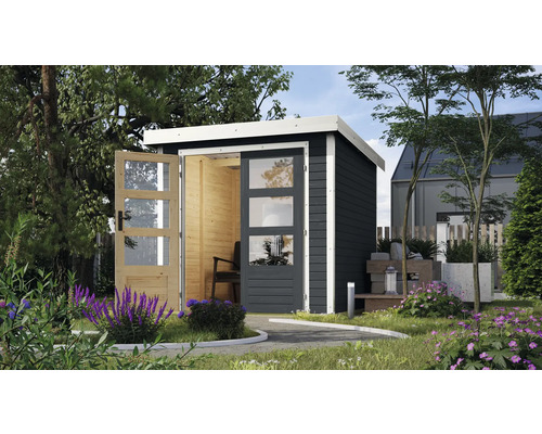 Garten mit modernem Gartenhaus aus Holz mit Glastüren