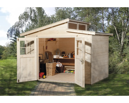 Gartenhaus weka 226 Gr. 3 inkl. Fußboden 327 x 231 cm natur Gartenhaus aus Holz mit geöffneten Doppeltüren und Fenstern