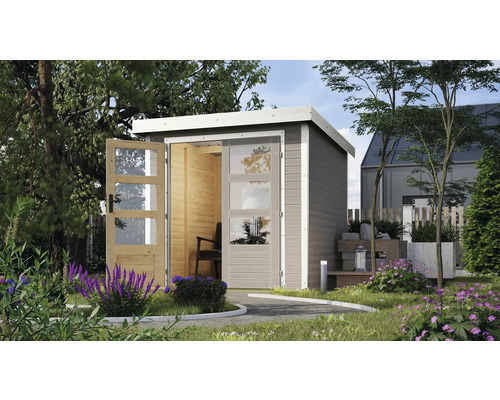 Garten Szene mit modernem Gartenhaus mit Doppeltür und Glas