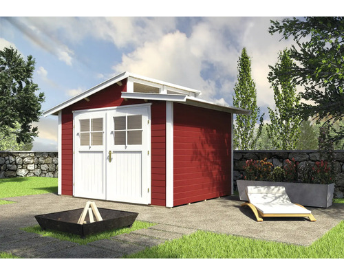 Gartenhaus weka 226 Gr. 3 inkl. Fußboden 327 x 231 cm rot Rotes Gartenhaus mit Doppeltür und Feuerstelle im Garten