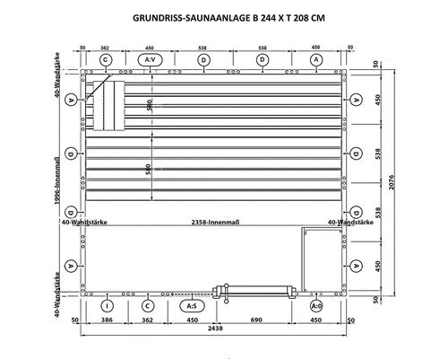 Grundriss einer Saunaanlage mit den Maßen 244 x 208 Zentimeter.