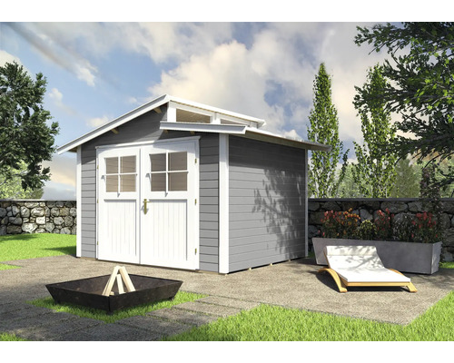 Gartenhaus weka 226 Gr. 3 inkl. Fußboden 327 x 231 cm grau Garten mit Gerätehaus aus Holz, Feuerstelle und Liegestuhl