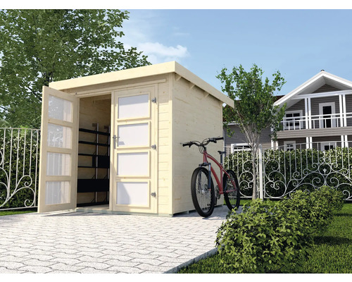 Gartenhaus weka 321 Gr. 5 inkl. Fußboden 301 x 293 cm natur Gartenszene mit Gerätehaus aus Holz mit offenen Türen und einem Fahrrad