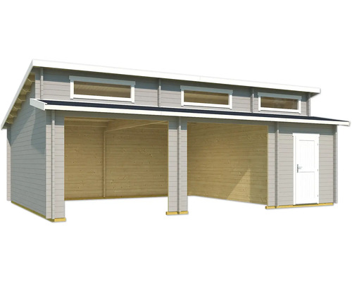 Double abri de voiture en bois avec porte latérale et fenêtres