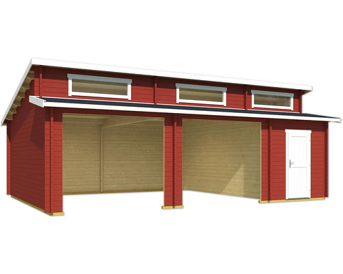 Garage double en bois avec fenêtres et porte