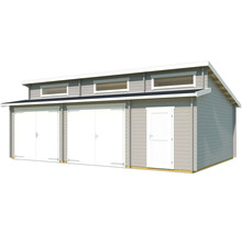 Garage en bois avec trois portes et fenêtres