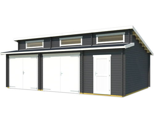 Garage en bois avec deux portes, une porte et des fenêtres