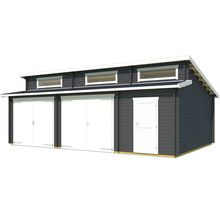 Grand garage en bois avec deux portes et une porte