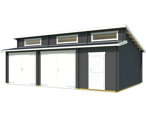 Grand garage en bois avec deux portes et une porte