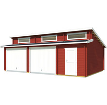 Garage double rouge en bois avec fenêtres et porte latérale