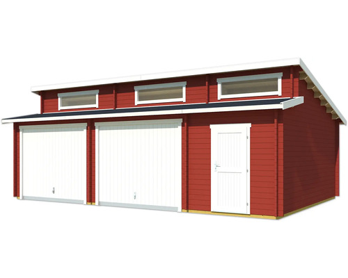 Garage double rouge en bois avec fenêtres et porte latérale