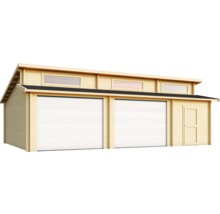 Garage double en bois avec deux portes et une porte latérale