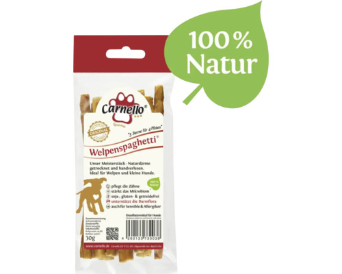 En-cas pour chiens Carnello spaghettis pour chiots à base de boyau naturel, entretient les dents, sans soja, sans gluten et sans céréales, env. 30 g