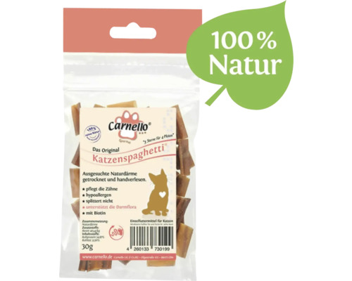 Katzensnack Carnello Katzenspaghetti aus Naturdarm, pflegt die Zähne, soja-, gluten- & getreidefrei, ca. 30 g